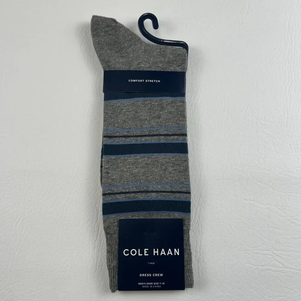Cole Haan Men’s Gray Blue Stripe Dress Crew Socks Comfort Stretch Size 7-12 NWT